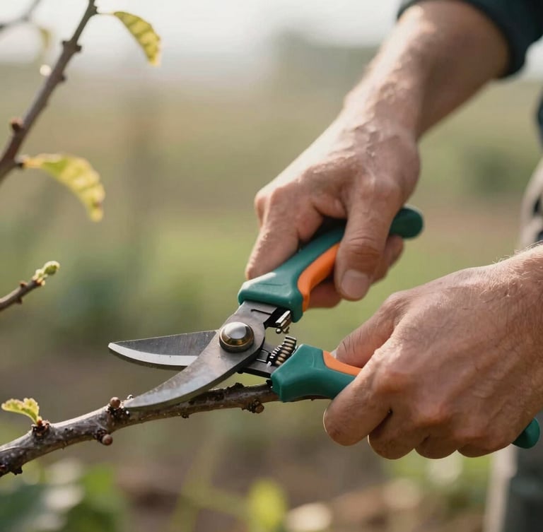 Portrait shot of a professional landscaper's hands using clean, sharp shears to prune a branch, focus on the clean cut, natural morning light.