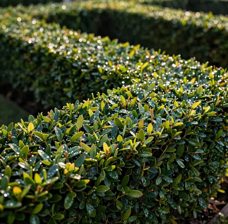 Close-up of clean, sharp pruning cuts on a structured boxwood hedge, early morning sun highlighting dew drops and precise organic lines, editorial photography.