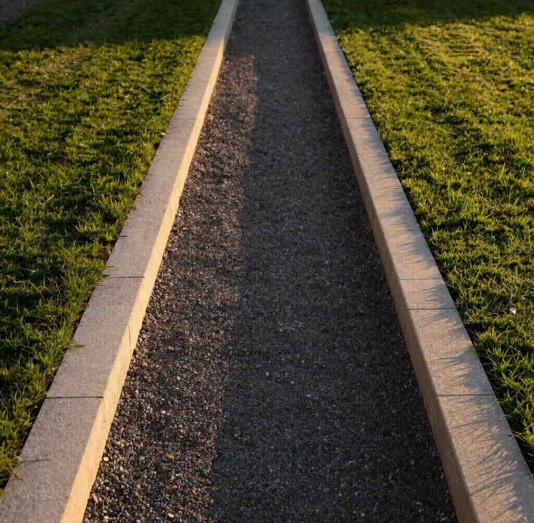 A minimalist, structured garden path in Toulouse, clean stone borders, perfectly edged lawn meeting a dark gravel path, warm golden hour light.