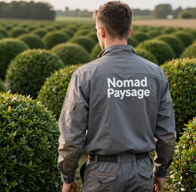 Un paysagiste professionnel de dos, portant une tenue de travail propre et marquée Nomad Paysage, taillant une haie de buis parfaitement structurée à l'aube.