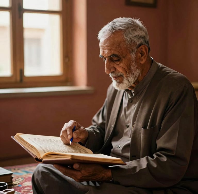 Dignified medium shot of an elder sharing a historical manuscript with a young Afghan-American, warm natural window light, rich lapis and terracotta tones