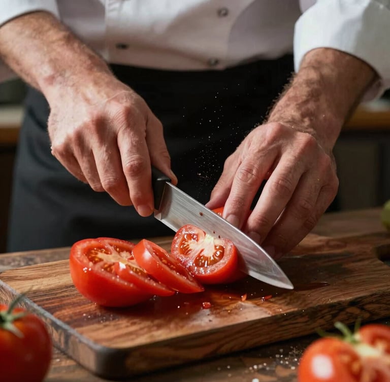 Tactile close-up of a chef's hands slicing fresh heirloom tomatoes on a dark wooden prep table, low-angle natural morning light, dust motes in the air