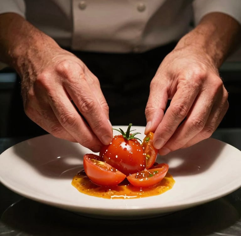 Close-up of a chef's hands plating a vibrant heirloom tomato dish under warm, low-angle kitchen overhead lights, deep shadows, rich textures.
