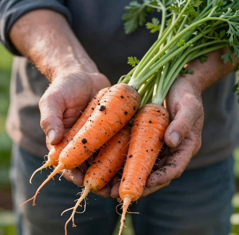 Close-up of farmer's hands with soil under fingernails holding freshly harvested heirloom carrots, soft morning light