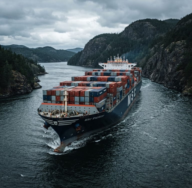 Cool maritime photography of a modern container vessel navigating a narrow channel under overcast daylight, sharp technical detail, 35mm