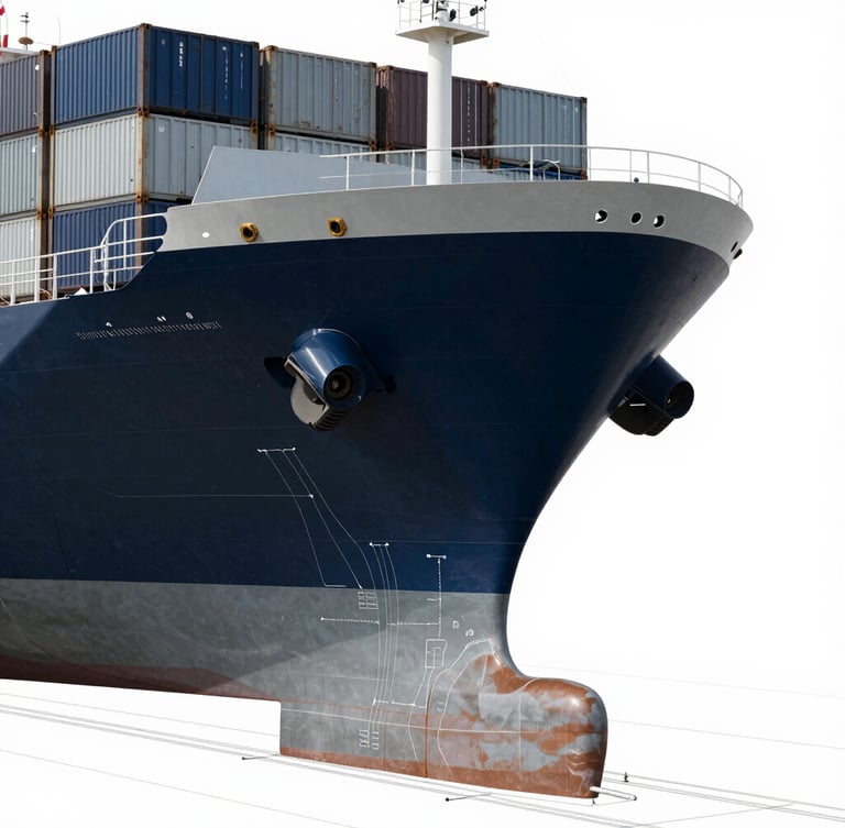 Technical blueprint schematic of a modern container ship hull, clean grey lines on a stark white background, architectural detailing
