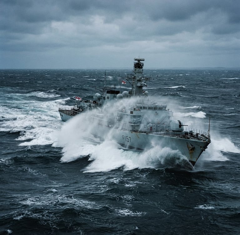 Cool maritime photography of a modern Royal Navy frigate cutting through cold steel-grey North Sea spray, overcast daylight, wide-angle 35mm.
