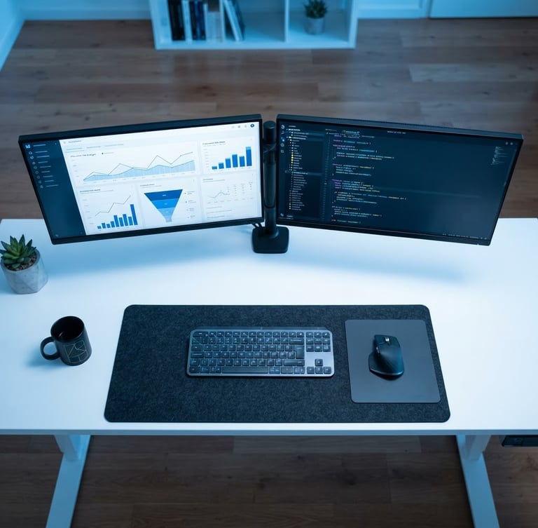 Top-down view of a clean developer desk with dual monitors displaying conversion rate analytics graphs and code, cool blue studio lighting, minimalist tech photography