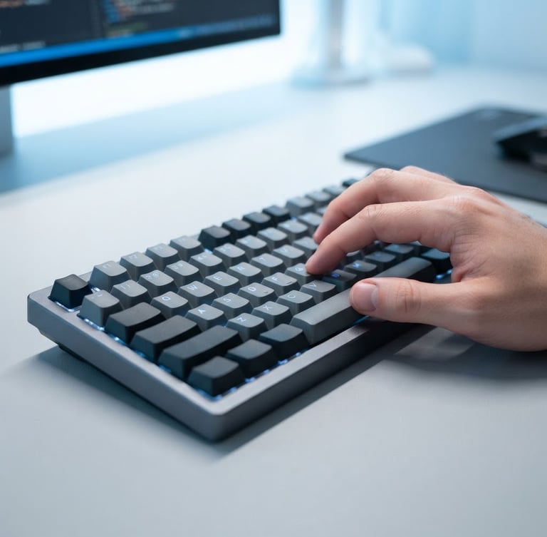 Close-up of hands typing on a modern mechanical keyboard, cool blue and white studio lighting, minimalist tech photography style, sharp focus