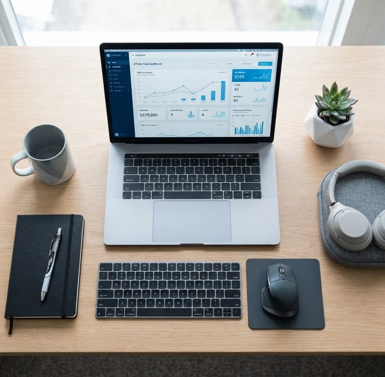 Top-down clean minimalist flat lay of a modern workspace with a laptop displaying a sleek affiliate sales dashboard, cool blue tones, sharp focus.