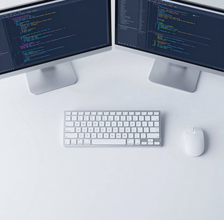 Clean top-down flat lay of modern tech gear, dual monitors displaying code and data flow, crisp cool daylight, minimalist tech photography