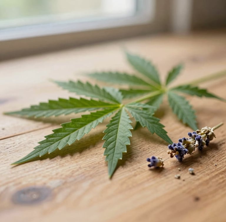 Macro photograph of fresh green hemp leaves and dried lavender buds on a warm rustic wood surface, soft natural side lighting, shallow depth of field, 35mm