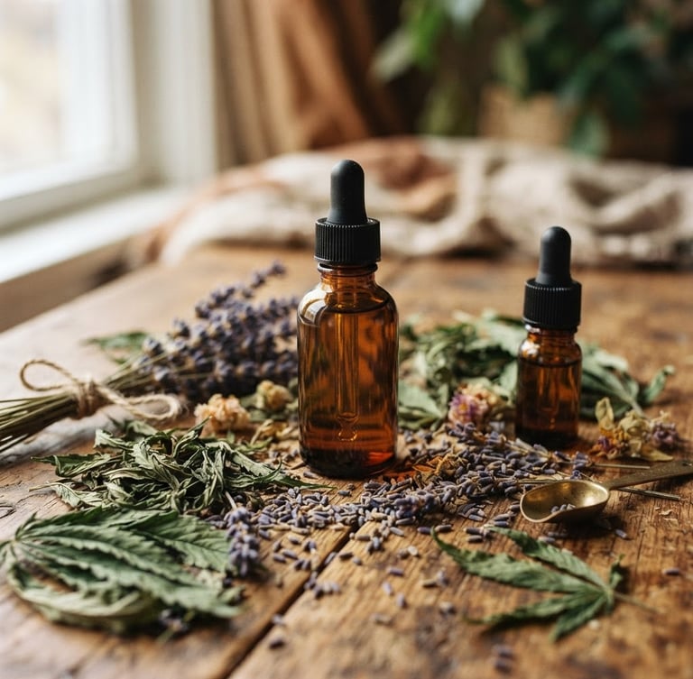Close-up of amber glass dropper bottles and clean botanical ingredients like dried hemp leaves and lavender, arranged on a warm wood surface under soft natural window light, shallow depth of field.