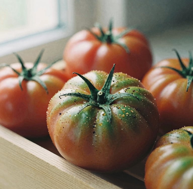 Close-up of fresh organic heirloom tomatoes with soil dust, resting on a wooden crate, soft Scandinavian morning light, shallow depth of field, 35mm film.