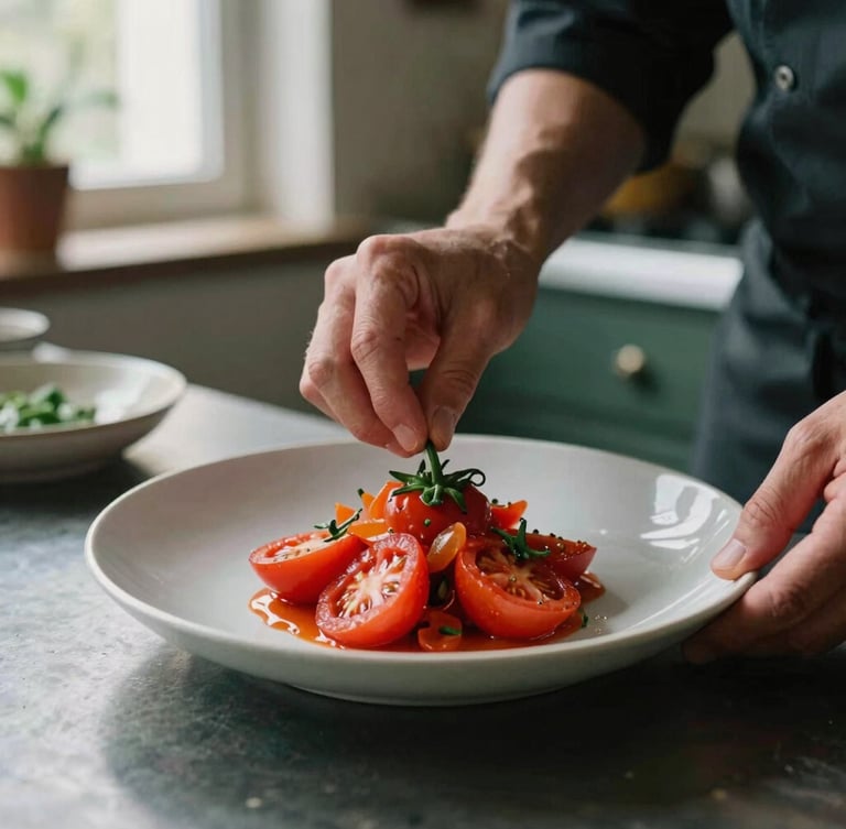 Close-up of chef hands carefully plating a vibrant heirloom tomato dish, soft directional side light, rustic kitchen background, 35mm film, rich crimson tones.