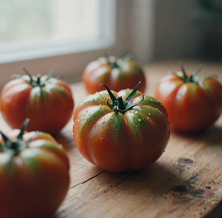 Macro shot of heirloom tomatoes resting on a rustic wooden table, soft Scandinavian window light, deep crimson and forest green tones, 35mm film