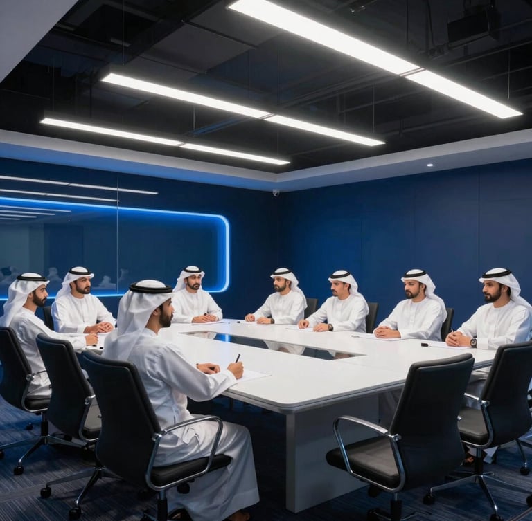 A sharp, medium-wide environmental shot of a modern Qatari corporate training room in West Bay Doha, crisp architectural lighting with cool blue ambient tech glows, 35mm