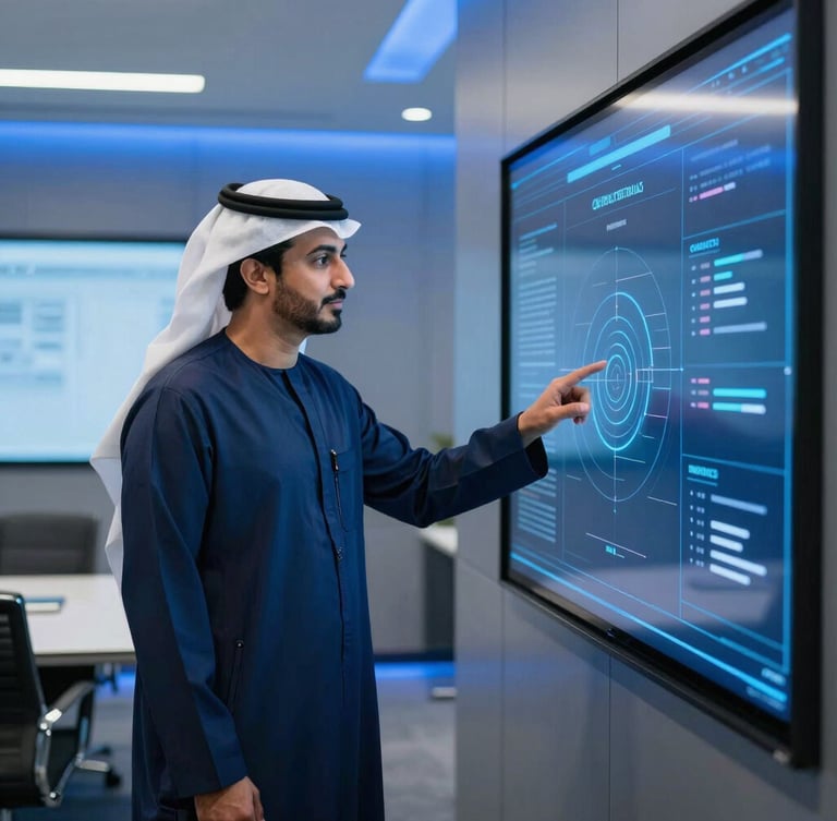 A professional Qatari executive wearing traditional attire engages with an interactive digital screen in a high-tech boardroom, cool blue ambient lighting, premium corporate photography, 35mm