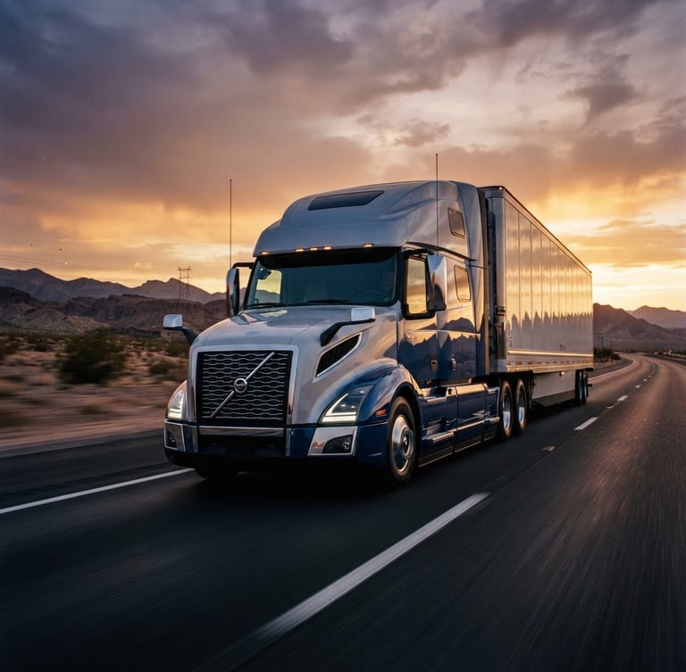 Low-angle heroic shot of a clean modern semi-truck moving at golden hour on an open highway, dramatic twilight lighting, motion blur on wheels, 35mm cinematic style