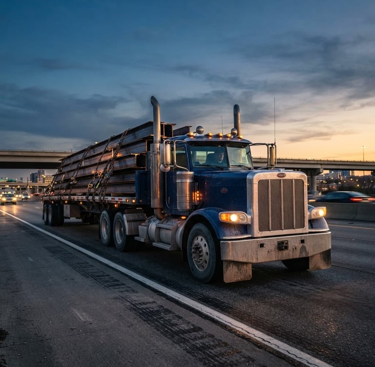 Low-angle heroic shot of a heavy-duty flatbed truck loaded with steel beams, secured with heavy chains, twilight highway light reflecting on metallic surfaces, 35mm lens