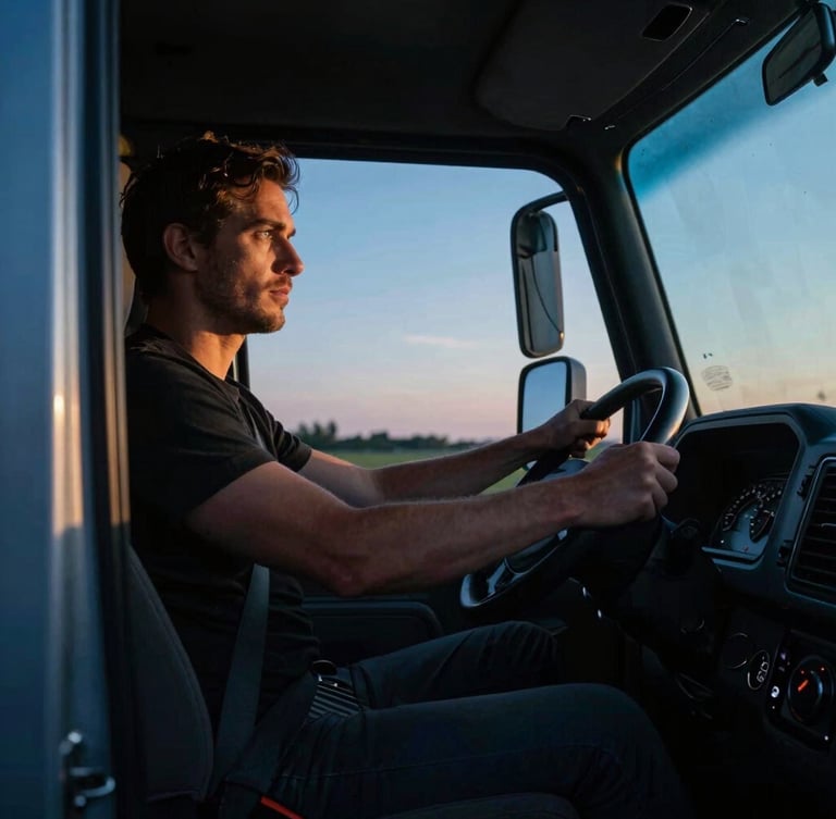 Close-up of a truck driver hands on a steering wheel, focused expression, dramatic low-key twilight lighting inside the cab, metallic details