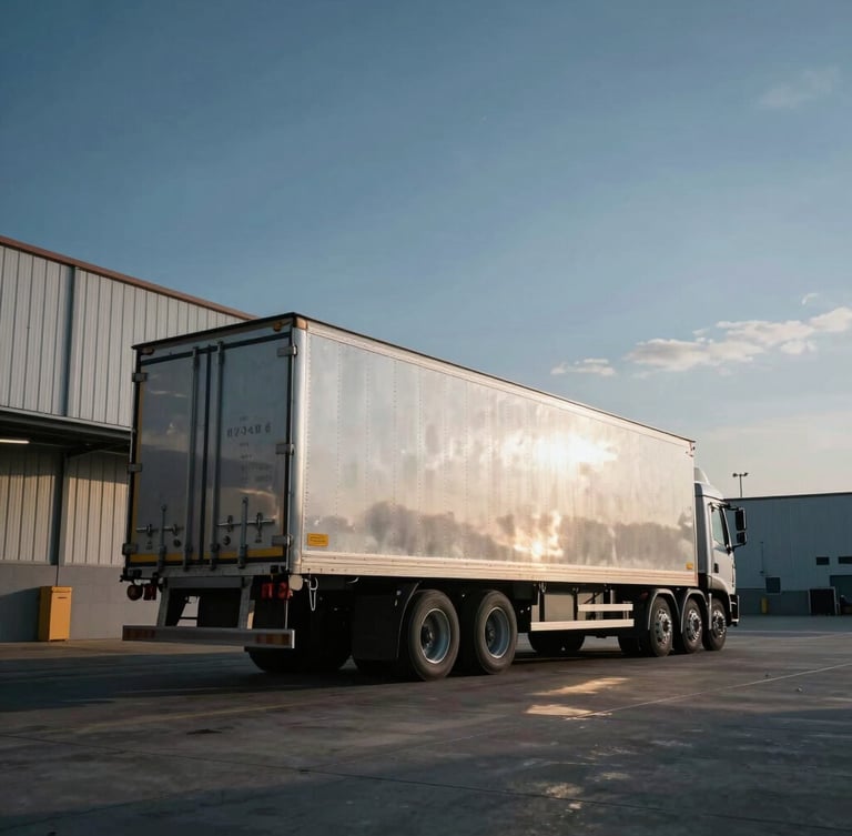 High-contrast overcast daylight shot of a step-deck trailer parked at a modern industrial warehouse bay, silver metallic surfaces catching the light, wide-angle 35mm lens
