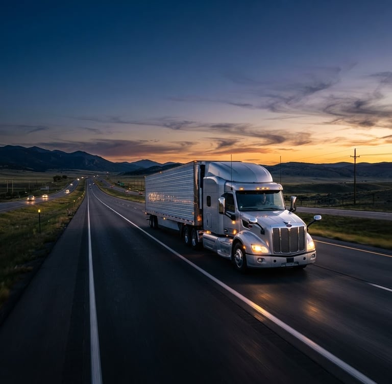 Dramatic cinematic wide-angle shot of a silver semi-truck driving on an open highway at twilight, golden-hour light streaks, deep blue sky, metallic reflections, 35mm lens.