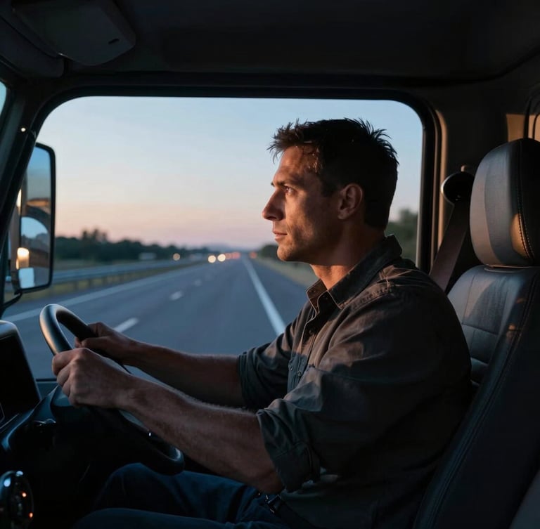 Close-up of a truck driver hands on a steering wheel, focused expression, cinematic dramatic lighting, highway visible through windshield