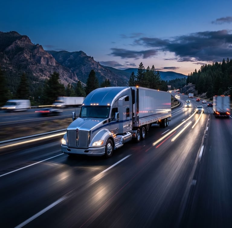 Wide-angle heroic shot of a modern clean semi-truck with a reefer trailer speeding down a twilight highway, light streaks, deep blue and silver tones, cinematic 35mm photography