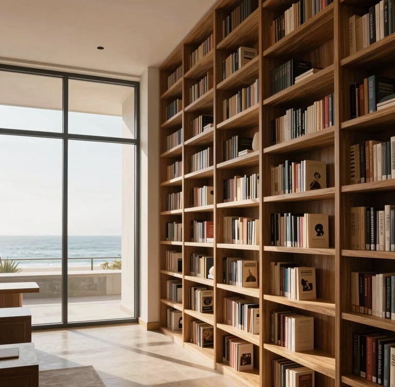 Architectural interior photography of a modern coastal library with floor-to-ceiling espresso wood shelving, natural light, warm minimalist styling