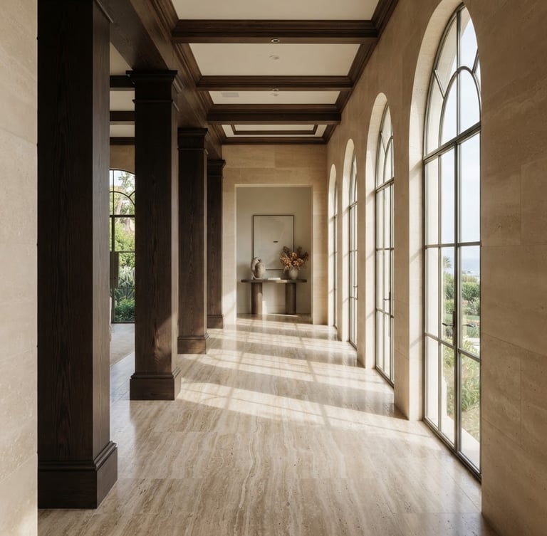 Architectural interior photography of a sun-drenched travertine hallway, deep espresso wood columns, soft natural coastal daylight streaming through high windows, high-end editorial