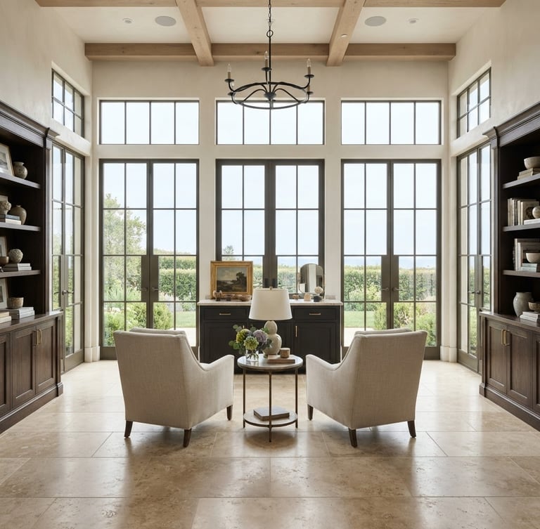 Straight-on architectural elevation of a light-filled estate morning room with deep espresso wood cabinetry, warm travertine floors, soft natural coastal daylight streaming through steel-framed windows.