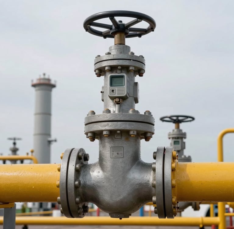 Close-up of high-spec industrial valves and yellow structural steel piping at an LNG terminal under overcast sky, high contrast details