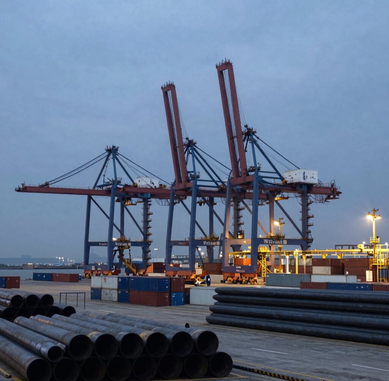 Wide environmental shot of a deep-water industrial port terminal at twilight, massive container cranes silhouetted against a cold overcast sky, active laydown yards with stacked steel pipes in the foreground.