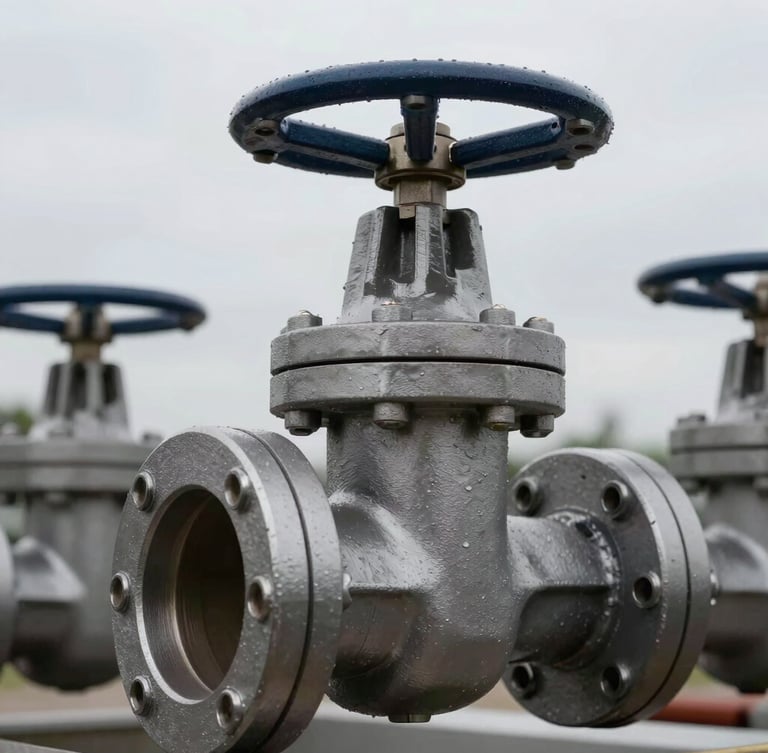 High-contrast close-up of heavy-duty industrial valves and structural steel flanges, overcast daylight, sharp metallic details, portrait aspect.