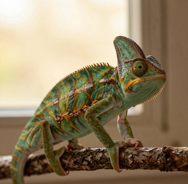 Close-up portrait of a healthy green Mediterranean chameleon perched on a textured branch, soft golden-hour window light, shallow depth of field