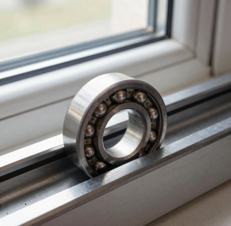 Macro shot of a heavy-duty stainless steel ball bearing roller sitting inside an aluminum sliding door track, natural window daylight, sharp technical photography, 35mm