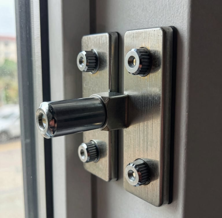 Sharp technical photography of a heavy-duty multi-point security door lock mechanism, natural window daylight reflecting off high-contrast metallic steel bolts, macro lens showing realistic metal textures, 35mm