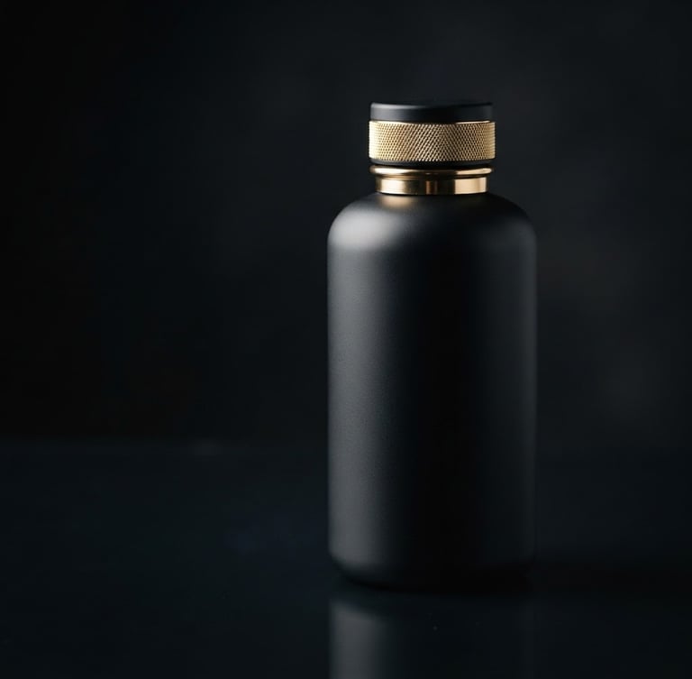 Sleek matte black wellness bottle with gold accents on a dark reflective surface, low-key dramatic studio lighting, macro lens