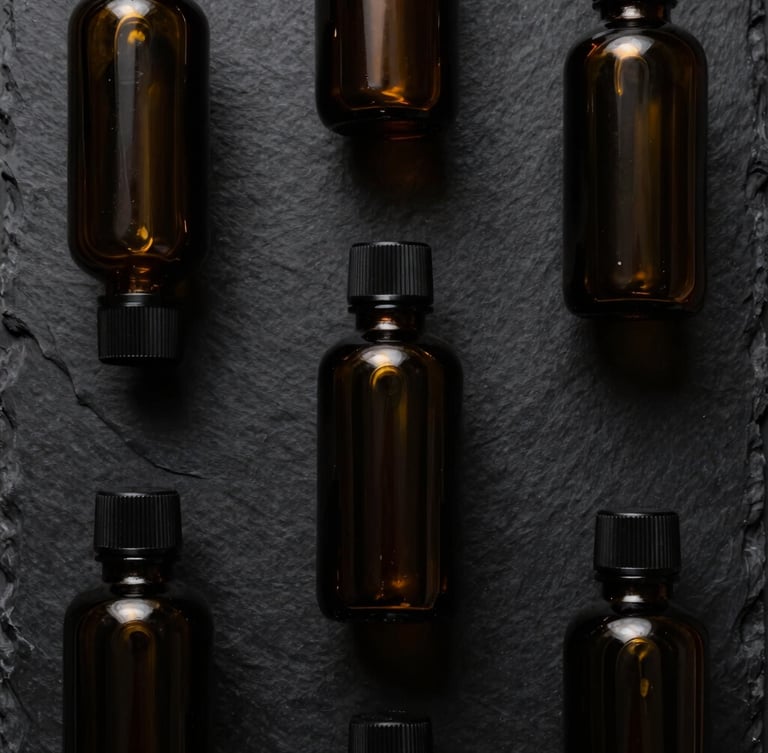 Top-down flat lay of minimalist dark glass bottles on a black slate surface, soft golden side lighting, premium packaging