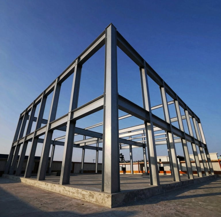 Low-angle architectural shot of exposed structural steel framing against a harsh afternoon sky, strong geometric shadows, sharp concrete foundation visible, wide-angle lens