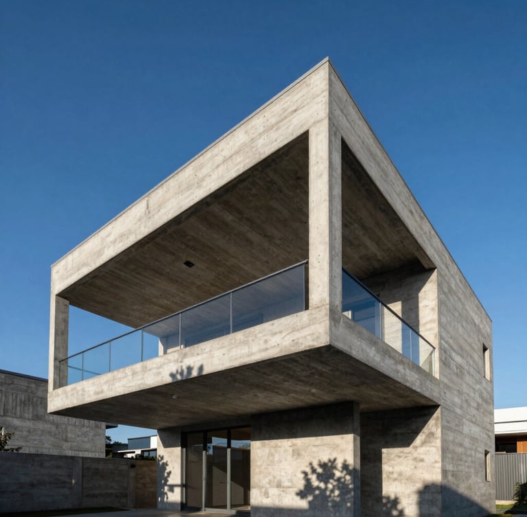 Low-angle architectural shot of a modern raw concrete residence with exposed steel beams, dramatic harsh afternoon shadows, crisp blue sky.