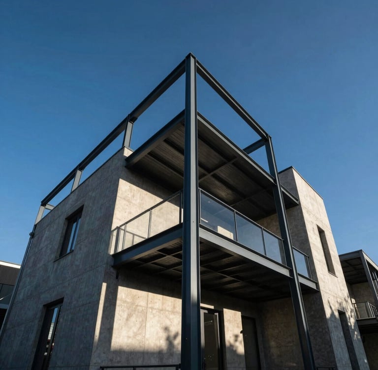 Low-angle architectural shot of a modern residential steel frame under harsh afternoon sun, sharp shadows, deep blue sky background