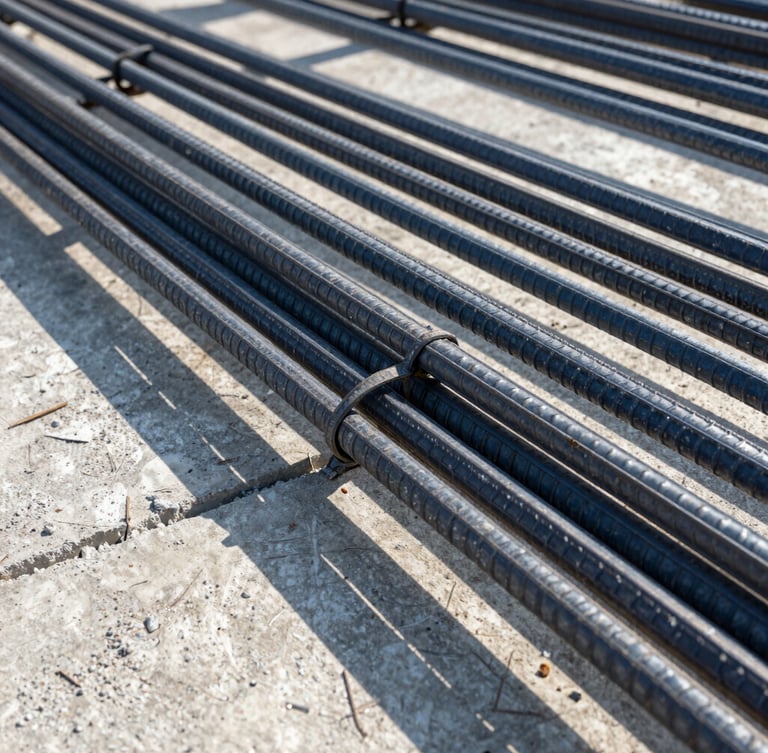 Tight detail shot of raw structural steel reinforcement bars tied together over poured concrete, dramatic afternoon shadows, crisp focus
