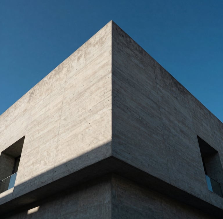 Low-angle heroic shot of a modern architectural concrete facade under harsh afternoon sunlight, sharp geometric lines, deep shadows