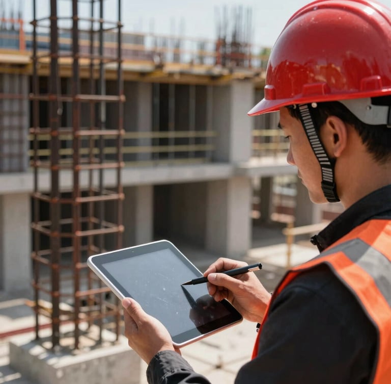 Close-up of a construction manager in a red hardhat holding a tablet, documenting concrete reinforcement on an active building site, high contrast daylight