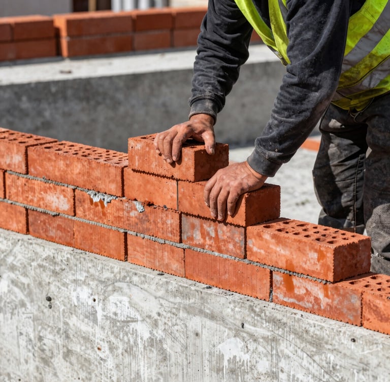 Industrial construction photography, close-up of a German bricklayer in high-visibility gear laying clean red bricks on a massive concrete foundation, sharp direct daylight, high contrast