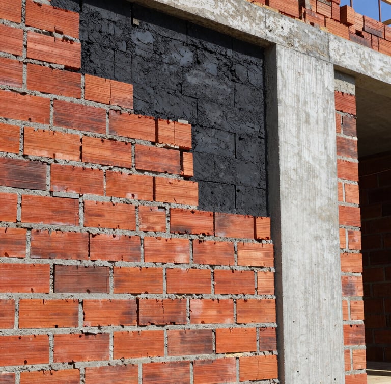 industrial construction photography, hard direct daylight, close-up of exposed brick and concrete walls being restored, high contrast red and black tones, sharp focus, 35mm lens