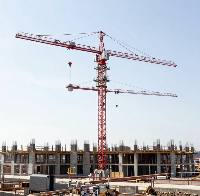 Wide environmental shot of an active large-scale construction site in Germany, cranes against a bright sky, raw concrete structures, daylight