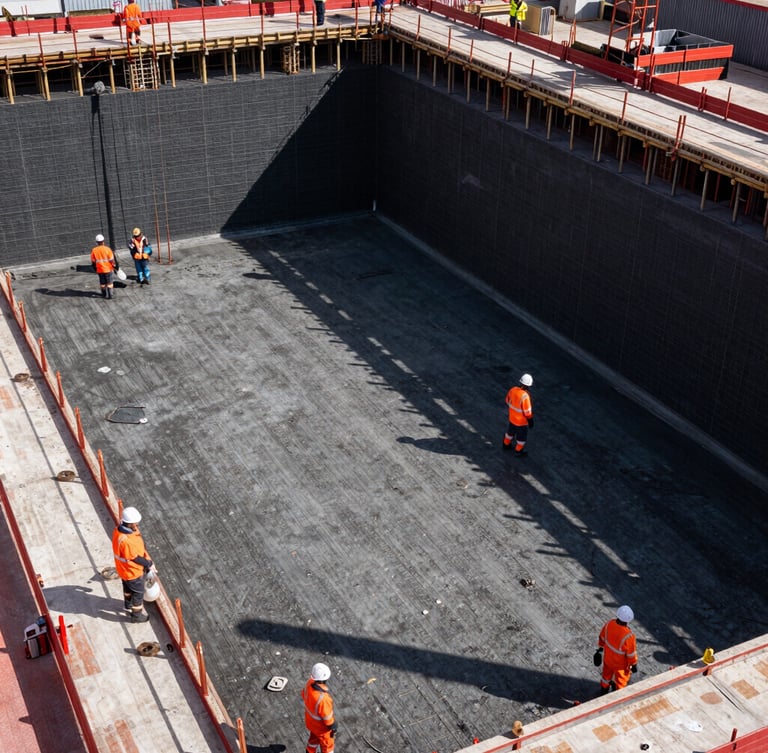 Wide angle industrial construction photography of a massive concrete foundation pour, active construction workers in high-visibility orange gear, hard direct daylight casting sharp shadows, high contrast red and black tones, 35mm lens